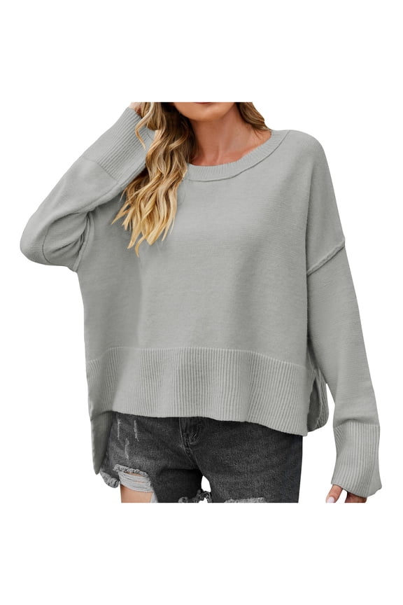 Womens Sweaters Crewneck Long Sleeve Side Slit Casual Pullover Comfy Sweater Loose Knitted Fall Trendy Tops