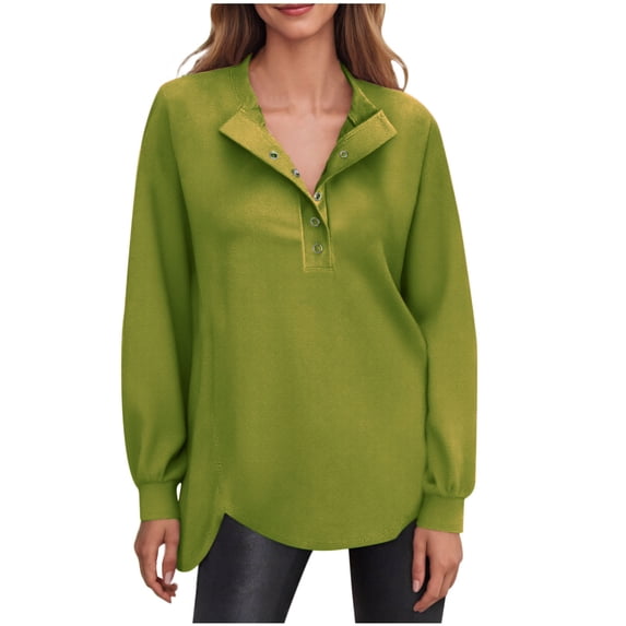 BLVB Womens Sweatshirt Casual Long Sleeve Lightweight Sweatshirts Button V Neck Loose Pullover Trendy Fall Outfits Tops