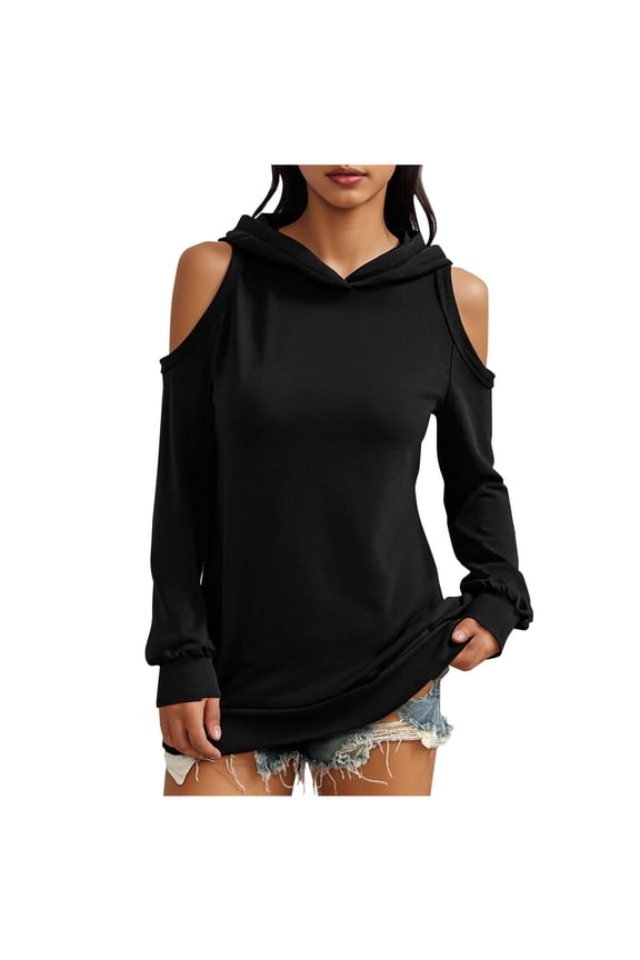 Womens Sweatshirts Cold Shoulder Hoodies Long Sleeve Plain Tunic Pullover Cut out Tops Fall Fashion Clothes