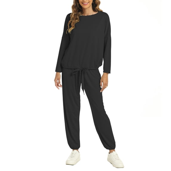BLVB Womens Sweatsuits 2 Piece Lounge Set Plain Long Sleeve Crewneck Pullover Tops with Sweatpants Joggers Pajamas Sets