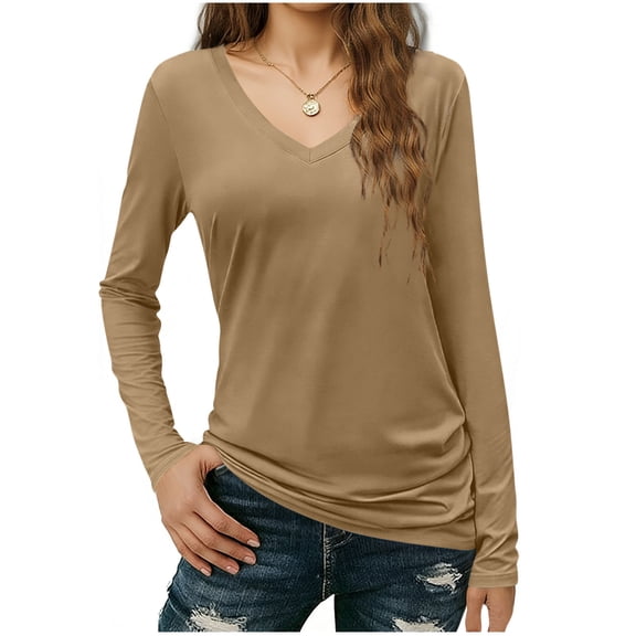 BLVB Womens T Shirts V Neck Long Sleeve Shirt Casual Tunic Tops Soft Solid Color Basic Tee Spring Fall Outfits