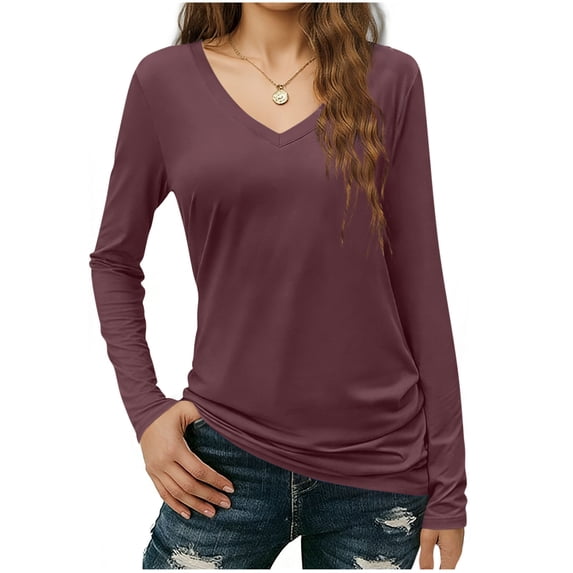 BLVB Womens T Shirts V Neck Long Sleeve Shirt Casual Tunic Tops Soft Solid Color Basic Tee Spring Fall Outfits