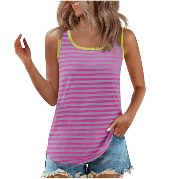 BLVB Womens Tank Tops Scoop Neck Loose Fitting Sleeveless Striped Tshirts Summer Flowy Curved Hem Tunic Tops