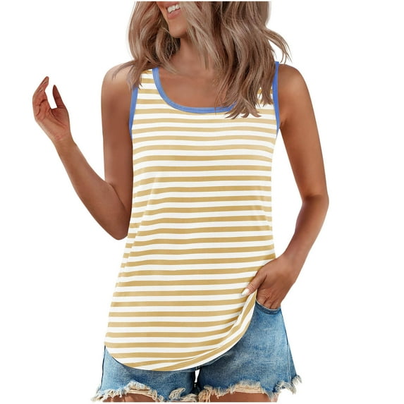 BLVB Womens Tank Tops Scoop Neck Loose Fitting Sleeveless Striped Tshirts Summer Flowy Curved Hem Tunic Tops