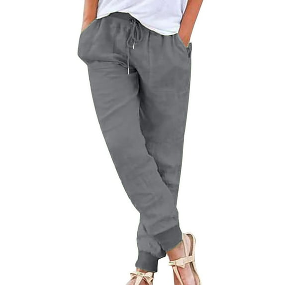 BLVB Womens Tapered Cotton Linen Pants Drawstring Elastic Waist Jogger Pants Casual Summer Trousers with Pockets