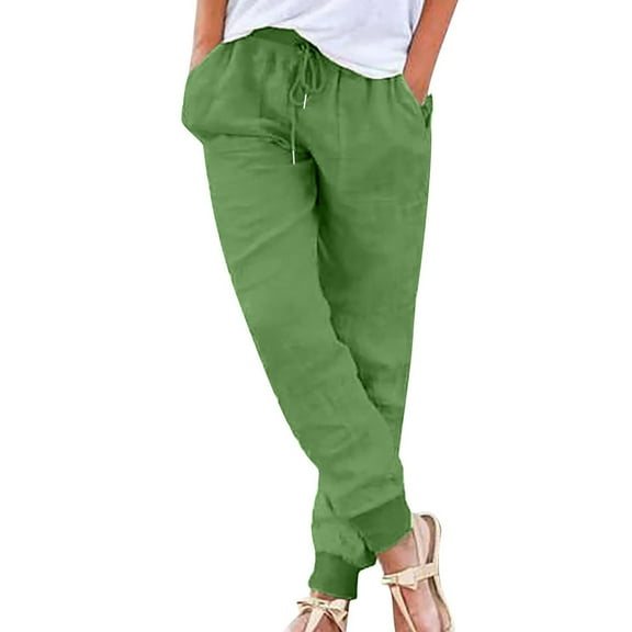 BLVB Womens Tapered Cotton Linen Pants Drawstring Elastic Waist Jogger Pants Casual Summer Trousers with Pockets