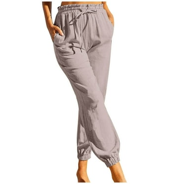 BLVB Womens Tapered Pants Cotton Linen Drawstring Elastic Waist Pants Casual Lounge Trousers with Pockets