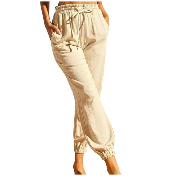 BLVB Womens Tapered Pants Cotton Linen Drawstring Elastic Waist Pants Casual Lounge Trousers with Pockets