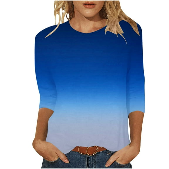 BLVB Womens Tops 3/4 Sleeve Gradient Cute Tops Crewneck Slim Fit Half Sleeve Tshirts Shirts Fall Fashion Blouse Tunic Blue