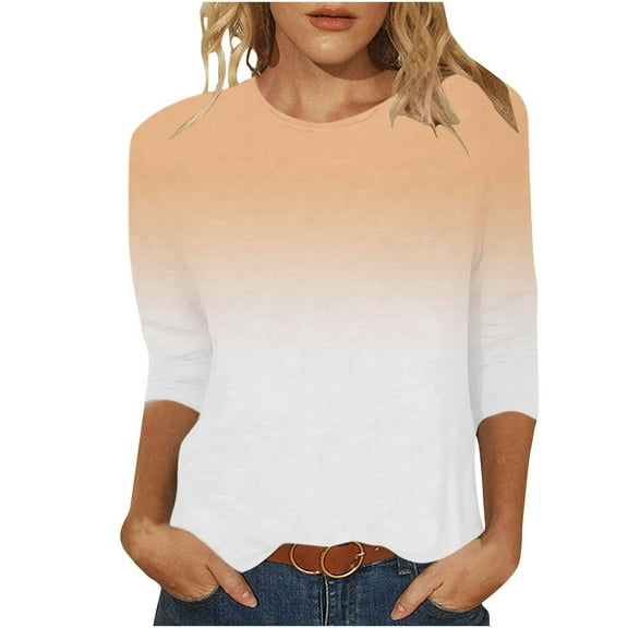 BLVB Womens Tops 3/4 Sleeve Gradient Cute Tops Crewneck Slim Fit Half Sleeve Tshirts Shirts Fall Fashion Blouse Tunic Khaki