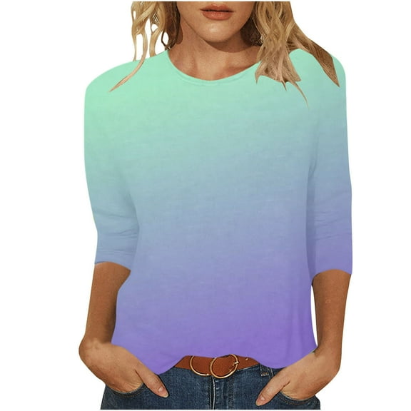 BLVB Womens Tops 3/4 Sleeve Gradient Cute Tops Crewneck Slim Fit Half Sleeve Tshirts Shirts Fall Fashion Blouse Tunic Light Blue