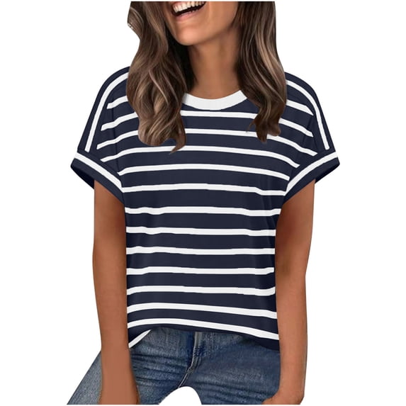 BLVB Womens Tops Casual Short Sleeve Tshirts Summer Striped Shirt Crewneck Loose T Shirts for Work Weekend