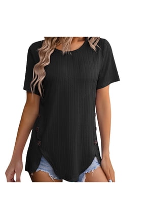 Womens Tops Dressy Casual Short Sleeve Crewneck Textured Tunic Tops Side Button Asymmetrical Blouses Shirts