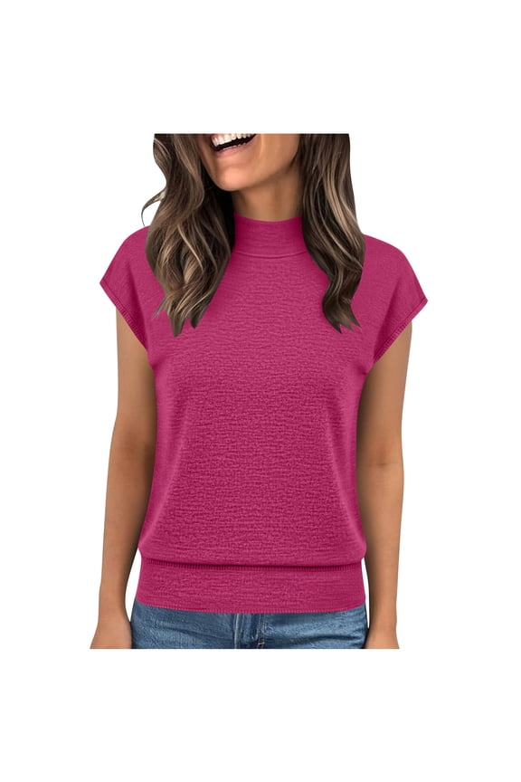 Womens Tops Short Sleeve Banded Bottom Summer Tops Mock Neck T Shirts Casual Ladies Tees Work Office Clothing