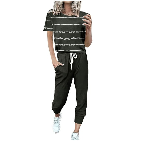BLVB Womens Tracksuit Summer 2 Piece Outfits Casual Short Sleeve Tops and Drawstring Jogger Pants Sets with Pockets