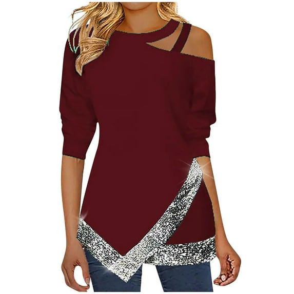 BLVB Womens Trendy off Shoulder Tunic Tops Sequins Splicing Long Sleeve Shirts Ladies Plus Size Going out Blouse