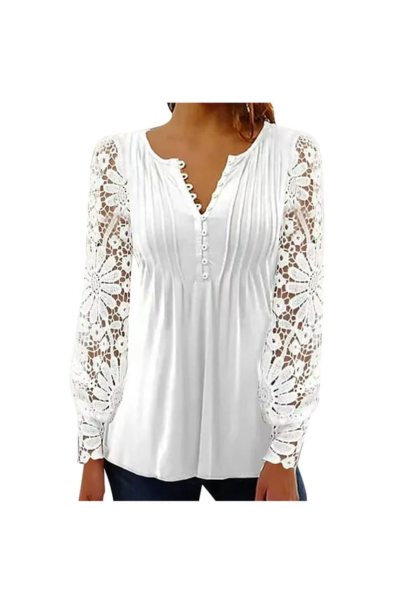 Womens Tunic Tops to Wear with Leggings Lace Long Sleeve Shirts Dressy Causal Work Blouses Pleated Spring Summer Outfits
