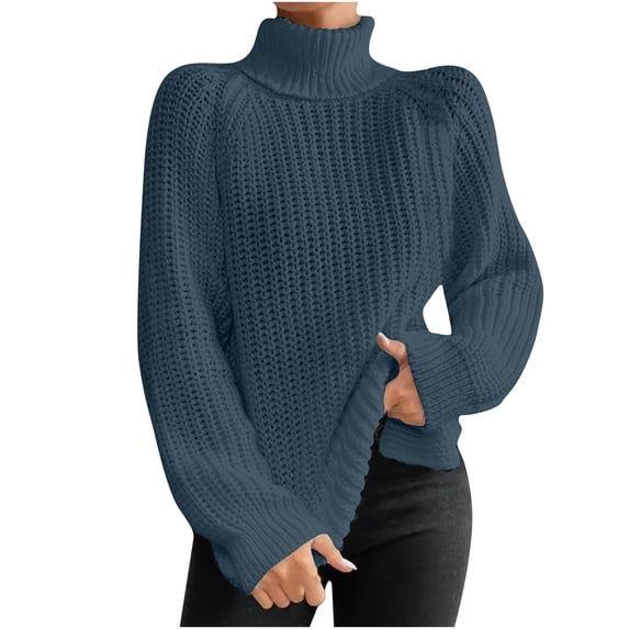 BLVB Womens Turtleneck Oversized Sweater Long Sleeve Split Hem Casual Cozy Knit Pullover Tunic Sweater for Fall Winter Blue