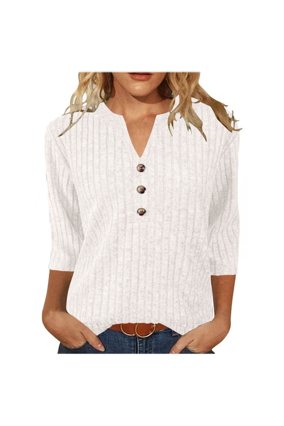 Womens V Neck 3/4 Sleeve Shirts Casual Lightweight Tunic Sweaters Fall Fashion Tops Trendy Dressy Blouses Clothes