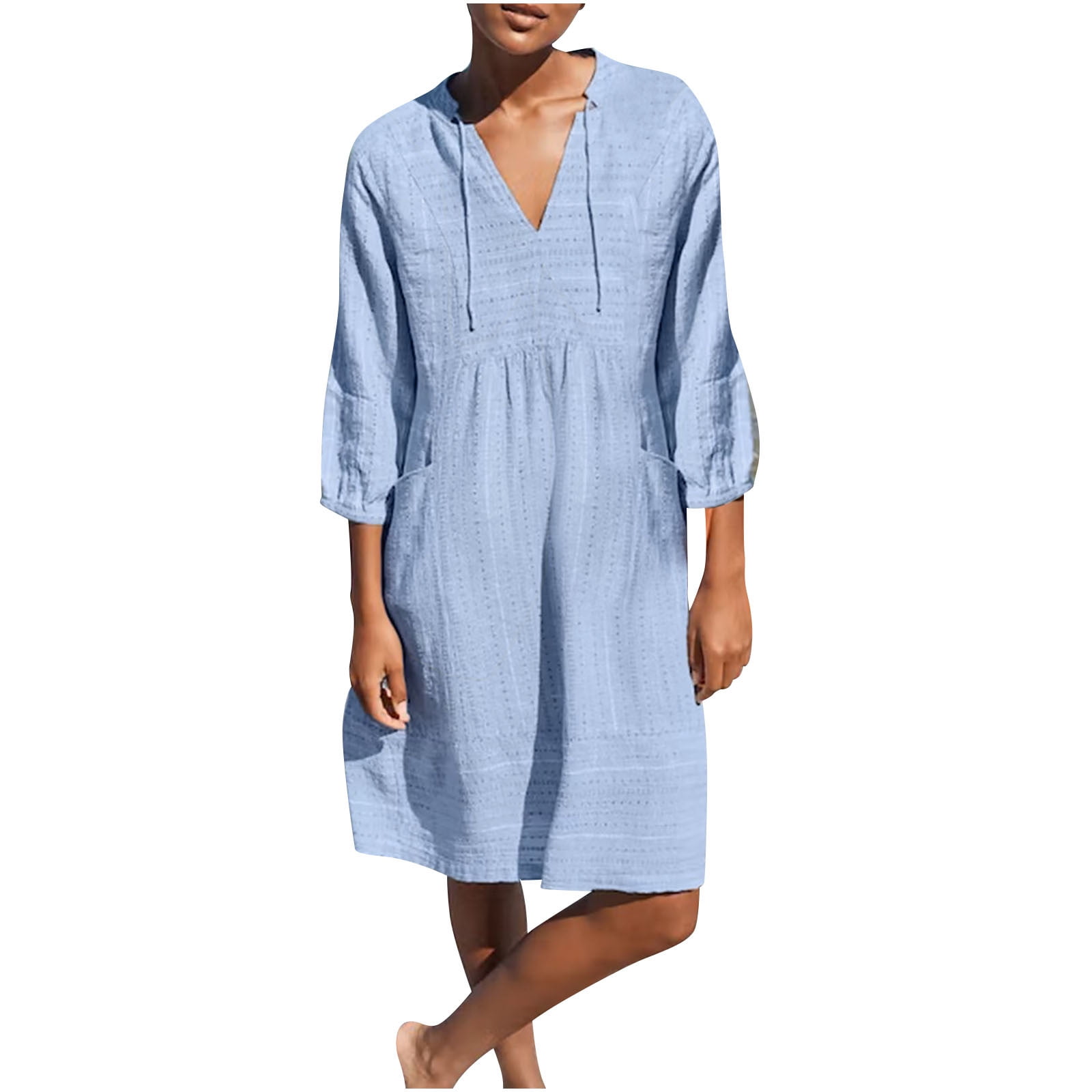 BLVB Womens V Neck Cotton Casual Loose Tunic Summer Fall Dresses Beach ...
