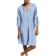 BLVB Womens V Neck Cotton Casual Loose Tunic Summer Fall Dresses Beach Sundress Vacation Dress 3/4 Sleeve Pocket