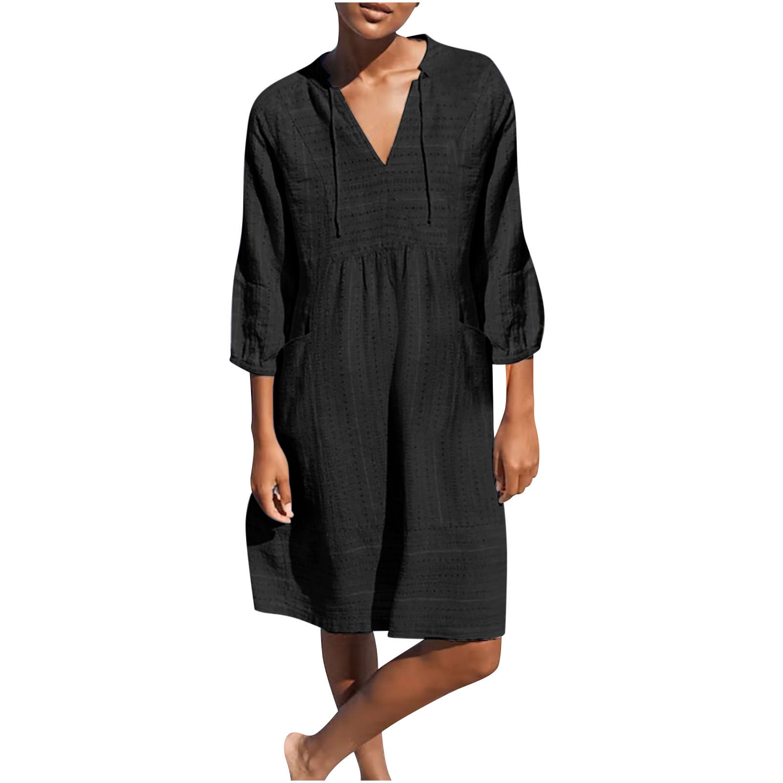 BLVB Womens V Neck Cotton Casual Loose Tunic Summer Fall Dresses Beach  Sundress Vacation Dress 3/4 Sleeve Pocket - Walmart.com