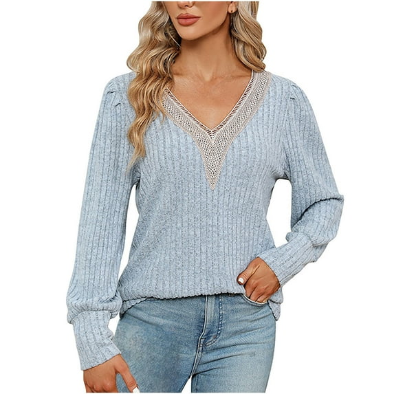 BLVB Womens V Neck Lace Crochet Fall Long Sleeve Tee Shirts Knit Ribbed Tops Fashion Clothes Tunics Blouses Light Blue