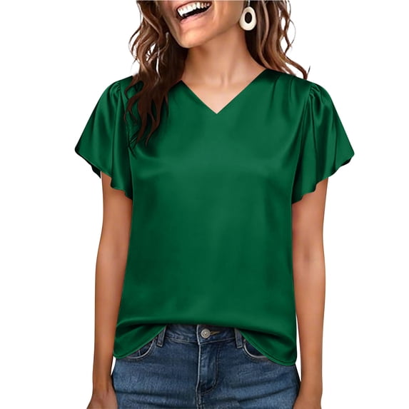 BLVB Womens V Neck Silk Satin Tops Dressy Short Sleeve Work Tunic Blouses Spring Summer Loose T Shirts Business Casual Outfits