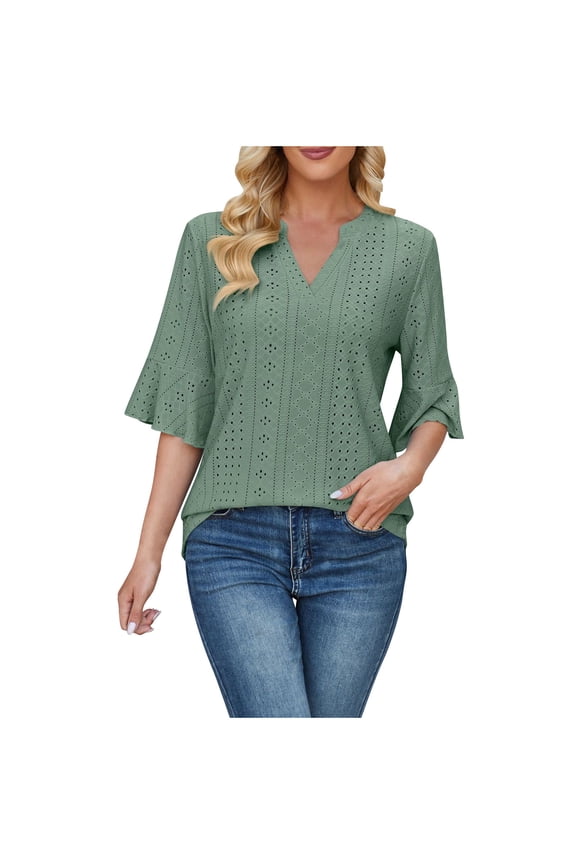 Womens V Neck Summer Tops Ruffle Half Sleeve Tee Shirts Hollow out Basic Casual Work Blouses Tunic Tops