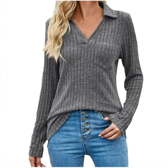 BLVB Womens V Neck Sweaters 2024 Fall Long Sleeve Knit Ribbed Tops Tunic Pullover Sweater Casual Lapel Shirts Blouses