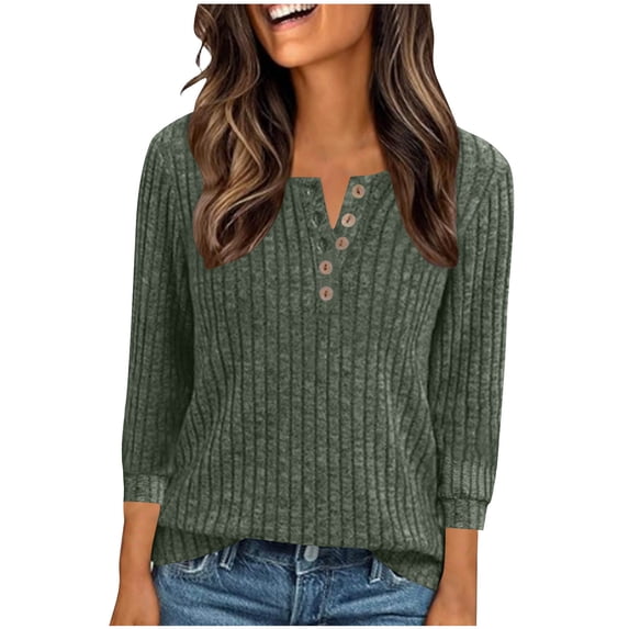BLVB Womens V Neck Sweaters 3/4 Sleeve Lightweight Ribbed Knit Pullover Tops Dressy Casual Blouses Fall Fashion Clothes