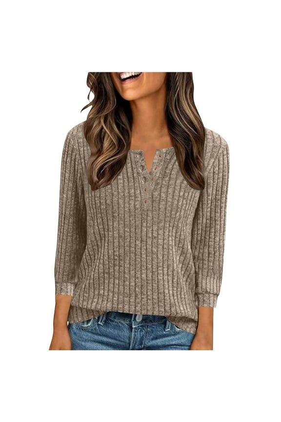 Womens V Neck Sweaters 3/4 Sleeve Lightweight Ribbed Knit Pullover Tops Dressy Casual Blouses Fall Fashion Clothes