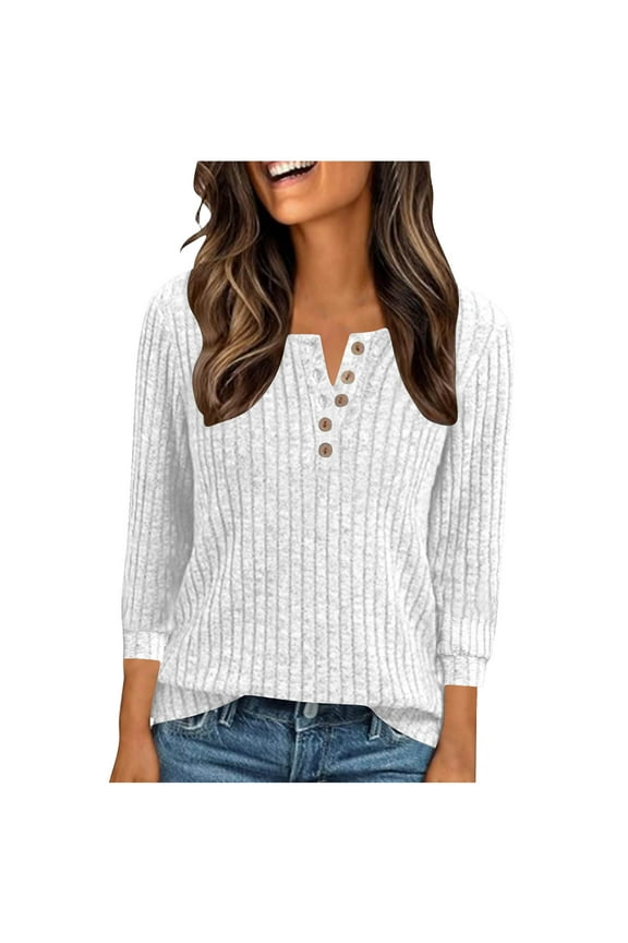 Womens V Neck Sweaters 3/4 Sleeve Lightweight Ribbed Knit Pullover Tops Dressy Casual Blouses Fall Fashion Clothes