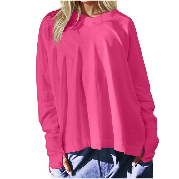 BLVB Womens V Neck Workout Sweatshirts Long Sleeve Solid Color Loose Pullover Casual Fall Tops with Thumb Hole