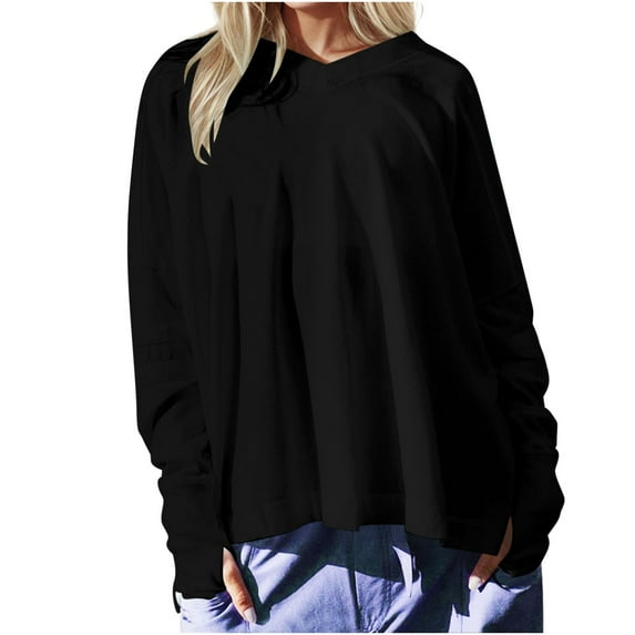 BLVB Womens V Neck Workout Sweatshirts Long Sleeve Solid Color Loose Pullover Casual Fall Tops with Thumb Hole