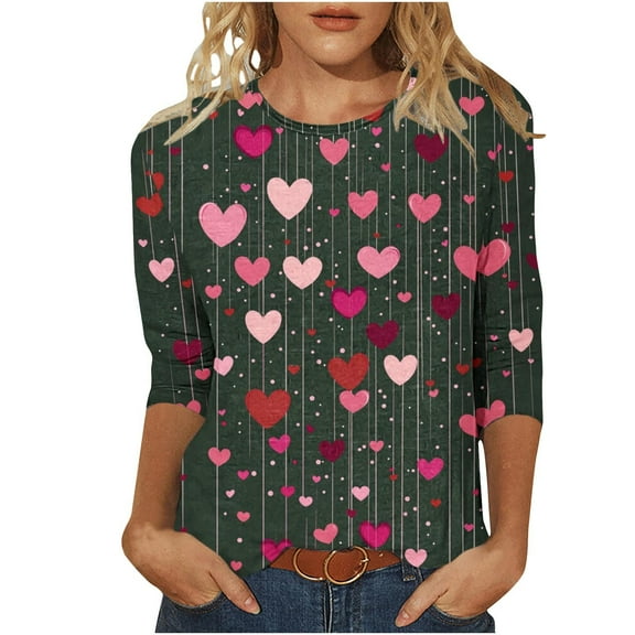 BLVB Womens Valentine T Shirts Love Heart Printed Graphic Tee Tops Crewneck 3/4 Sleeve Valentine Shirts Fashion Outfits