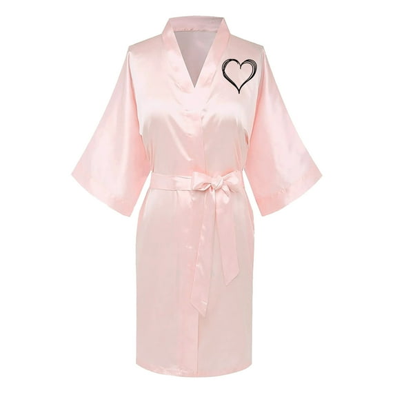 BLVB Womens Valentine's Day Silk Satin Robes Printed Wedding Party Bathrobe Sleepwear Nightdress Gowns with Belt