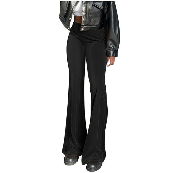 BLVB Womens Velour Bootcut Flare Leg Long Pants Elastic Waist Velvet Wide Leg Pants Fall Winter Cozy Bell Bottom Trousers Black