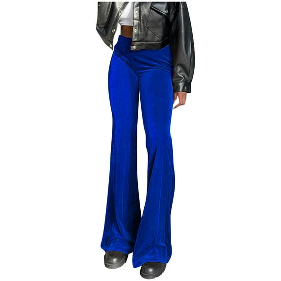 BLVB Womens Velour Bootcut Flare Leg Long Pants Elastic Waist Velvet Wide Leg Pants Fall Winter Cozy Bell Bottom Trousers Blue