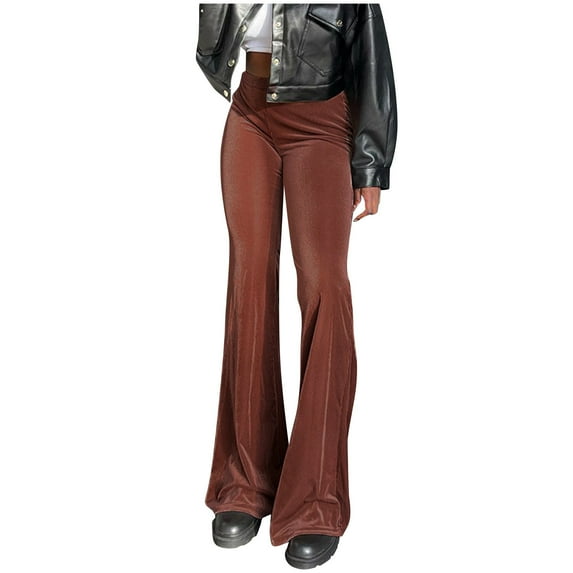 BLVB Womens Velour Bootcut Flare Leg Long Pants Elastic Waist Velvet Wide Leg Pants Fall Winter Cozy Bell Bottom Trousers Brown