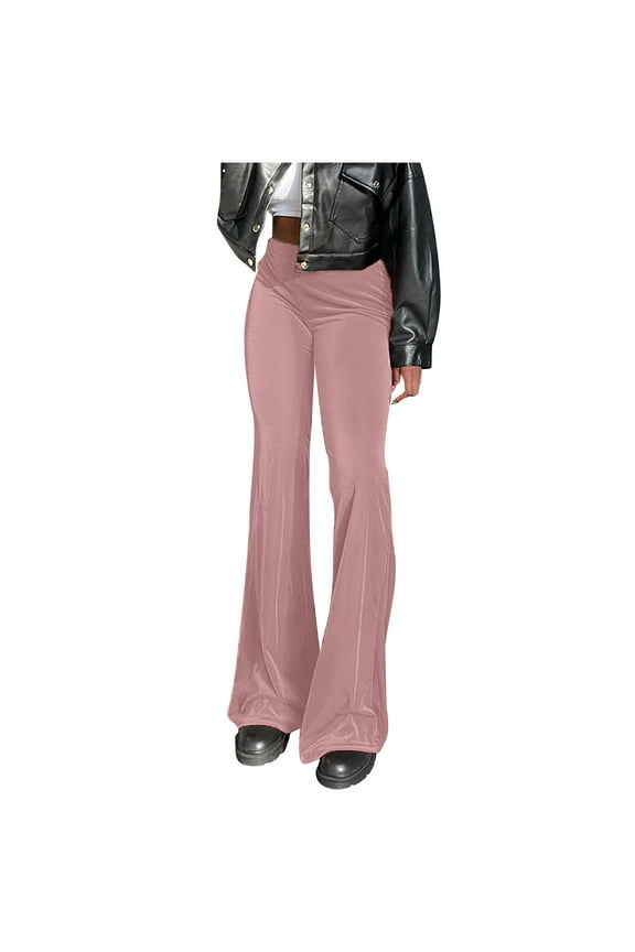Womens Velour Bootcut Flare Leg Long Pants Elastic Waist Velvet Wide Leg Pants Fall Winter Cozy Bell Bottom Trousers Pink
