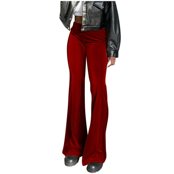 BLVB Womens Velour Bootcut Flare Leg Long Pants Elastic Waist Velvet Wide Leg Pants Fall Winter Cozy Bell Bottom Trousers Wine