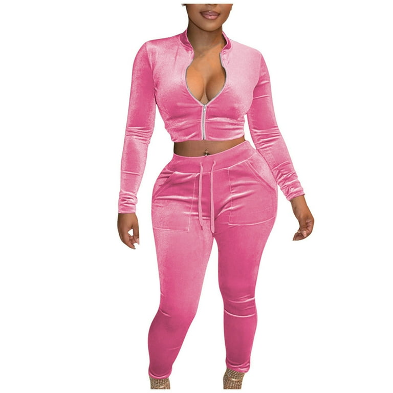 BLVB Womens Velour Tracksuit Two Piece Outfits for Women Long Sleeve Zip Crop Jacket Slim Fit Pants Jogging Sports Outfit