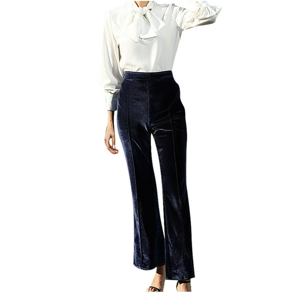 BLVB Womens Velvet Flare Pants Trendy High Waisted Bell Bottom Pants Solid Color Ladies Casual Work Office Trousers