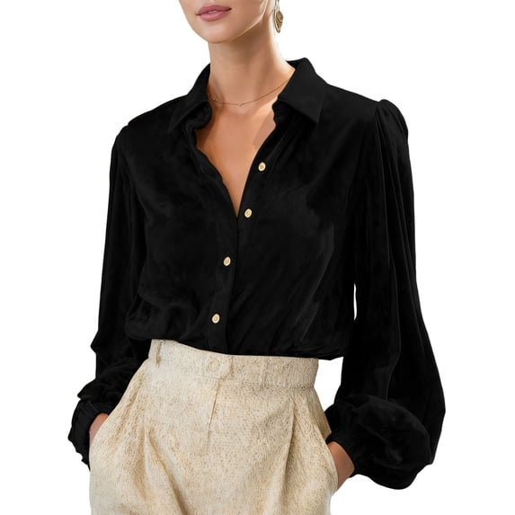 BLVB Womens Velvet Long Sleeve Button down Shirt Casual Retro Blouse Lapel Tunic Tops Fall Shacket Jacket