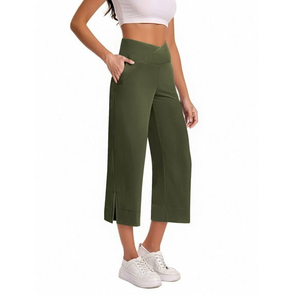 BLVB Womens Wide Leg Yoga Capri Pants Crossover Waist Loose Workout Athletic Capris Stretchy Lounge Trousers with Pockets