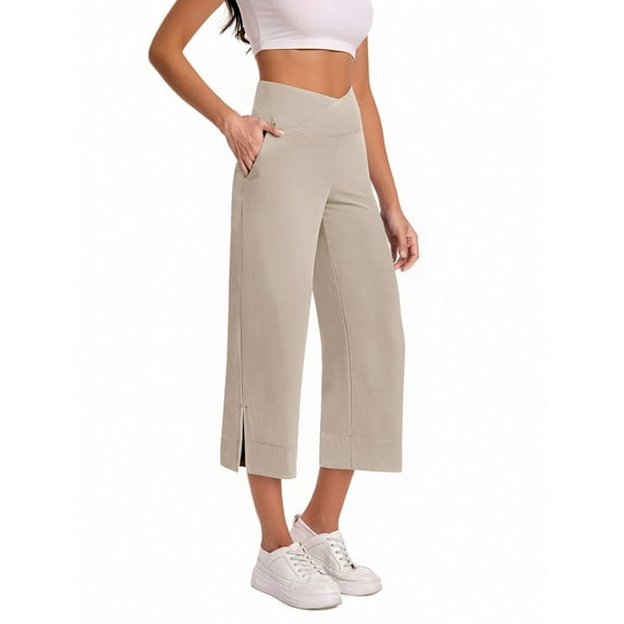 BLVB Womens Wide Leg Yoga Capri Pants Crossover Waist Loose Workout Athletic Capris Stretchy Lounge Trousers with Pockets
