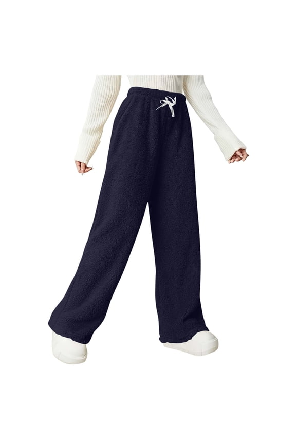 Womens Winter Fuzzy Long Pants Drawstring Wide Leg Pajamas Bottoms Warm Comfy Sleepwear Home Pants