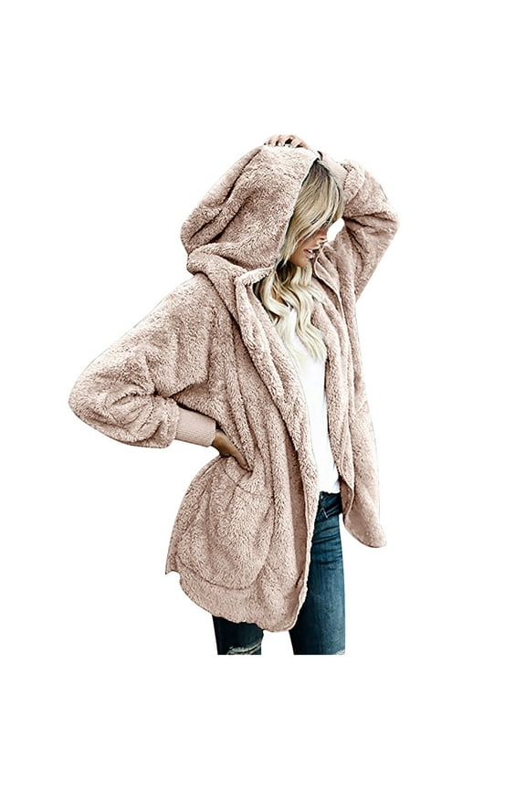 Womens Winter Warm Hooded Cardigan Fuzzy Jacket Winter Open Front Plush Fluffy Cozy Coat Outwear with Pockets