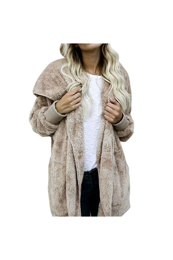 Womens Winter Warm Hooded Cardigan Fuzzy Jacket Winter Open Front Plush Fluffy Cozy Coat Outwear with Pockets